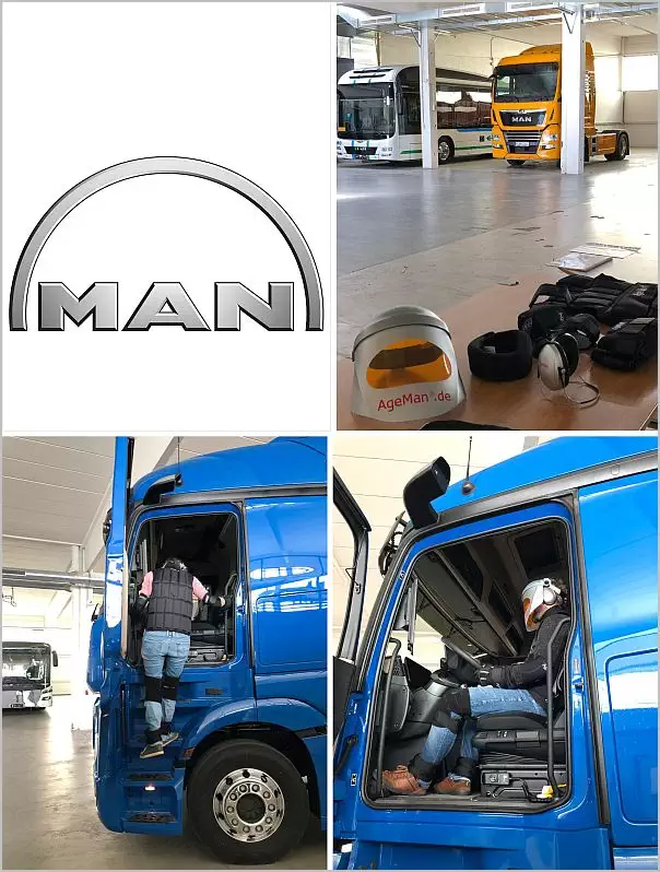 Alterssimulationsanzug AgeMan: Drei Bilder eines Fahrzeugtests bei MAN Trucks